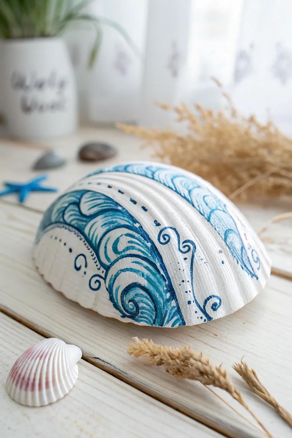 Capture the ocean's essence with waves of creativity on your seashell canvas.