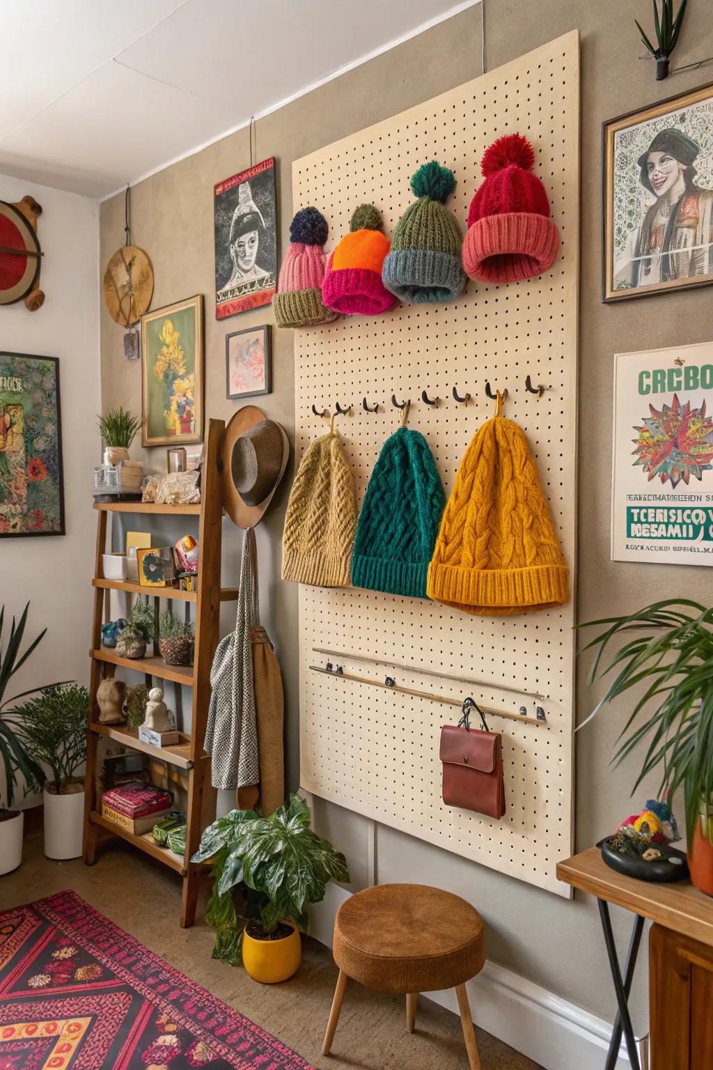 Pegboards offer a flexible and customizable beanie display.