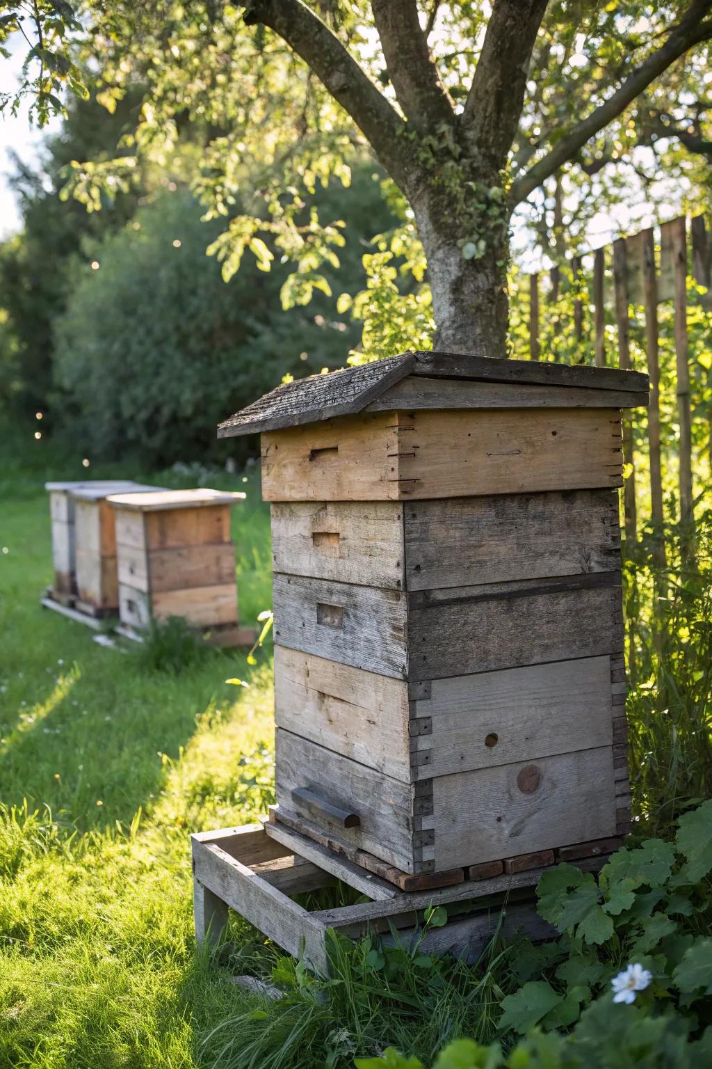 Transform old pallets into a charming hive stand for your garden sanctuary.