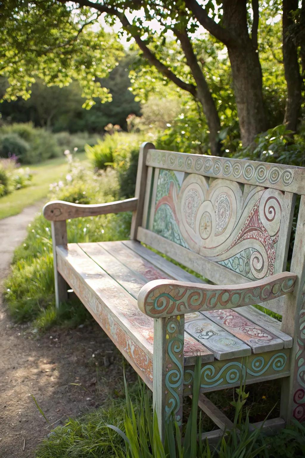 Add a touch of whimsy to your garden with a uniquely painted bench that sparks joy.