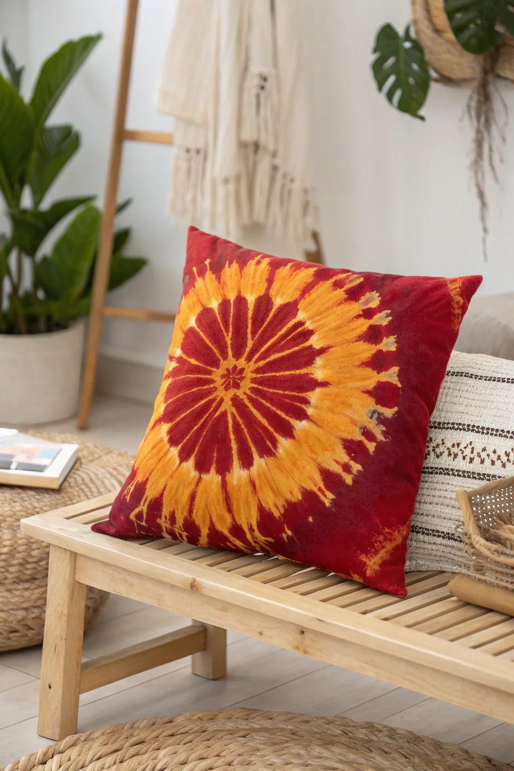 Bring the warmth of a sunset to your space with this vibrant tie-dye masterpiece.