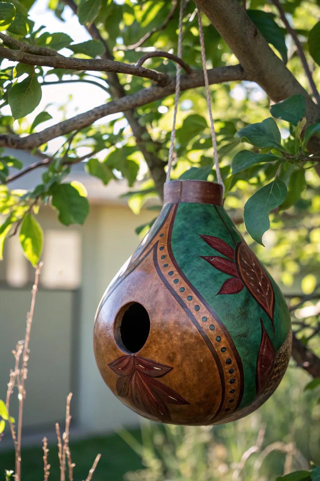 Eco-friendly elegance: Transform your garden with a handcrafted hanging gourd birdhouse.