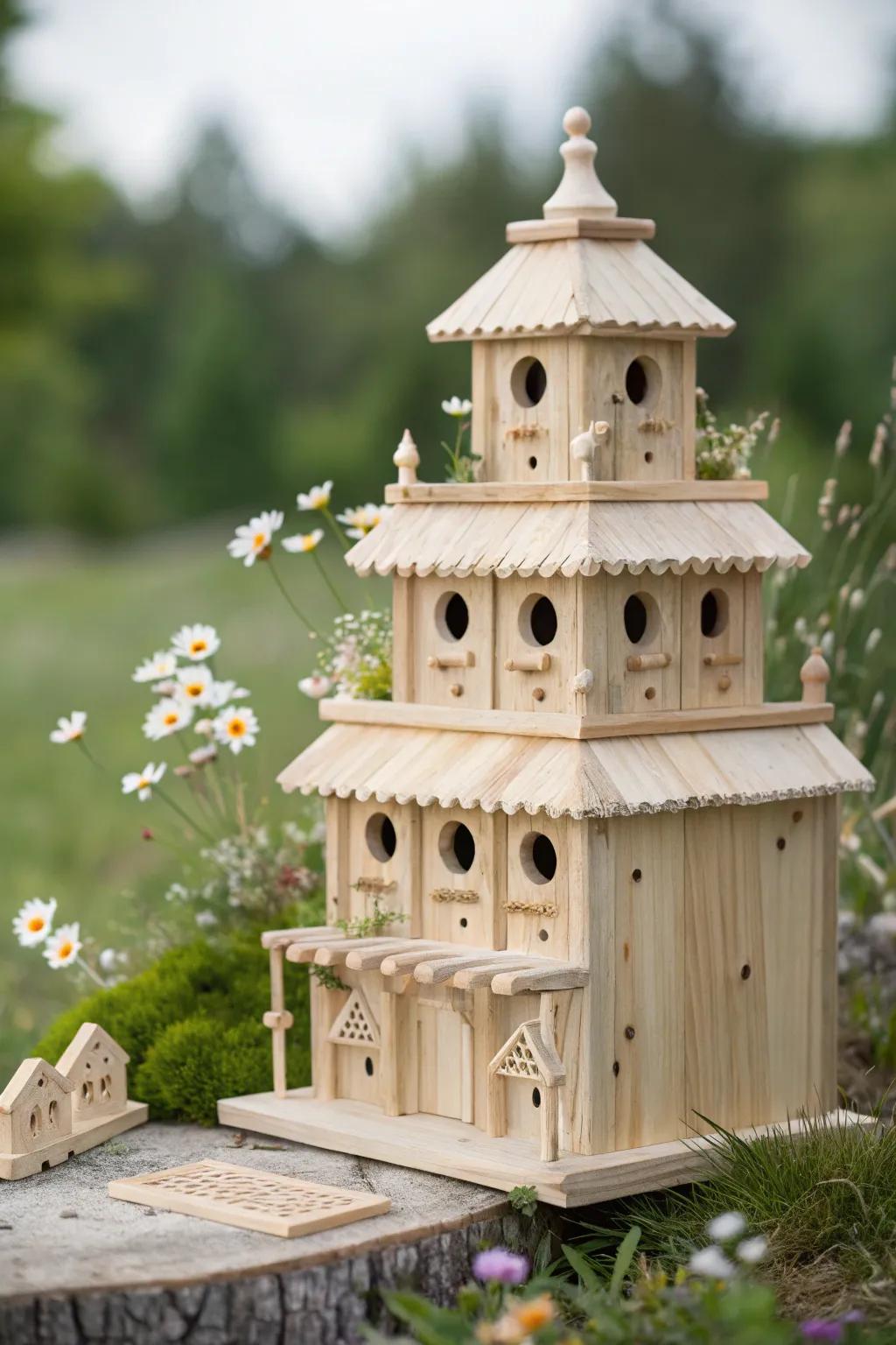 Elevate your garden with a charming multi-level birdhouse mansion—where elegance meets nature.