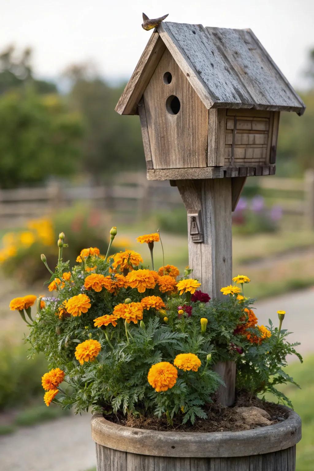 Elevate your backyard with a birdhouse that blooms with charm.