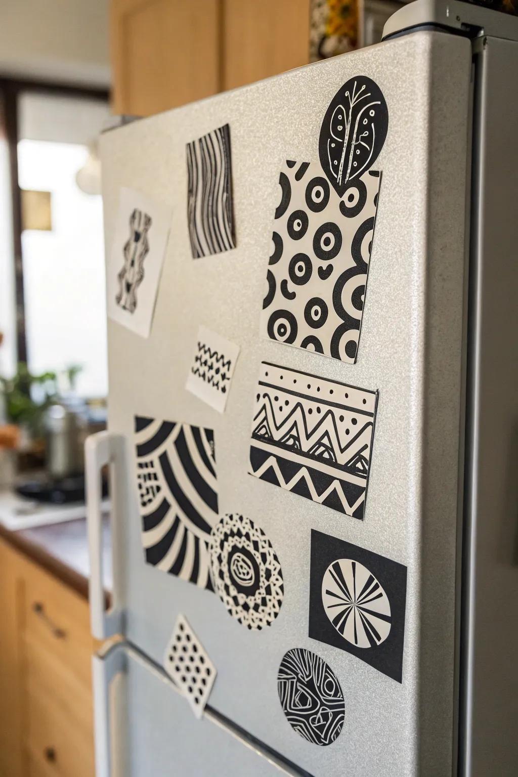 Abstract art stickers adding flair to a kitchen appliance.