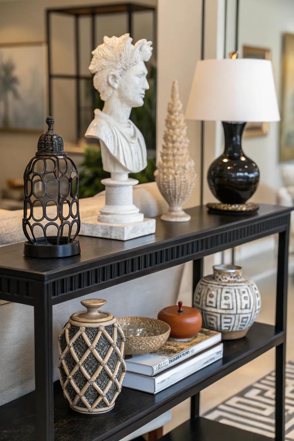 Decorative objects on a console table add personality and intrigue.