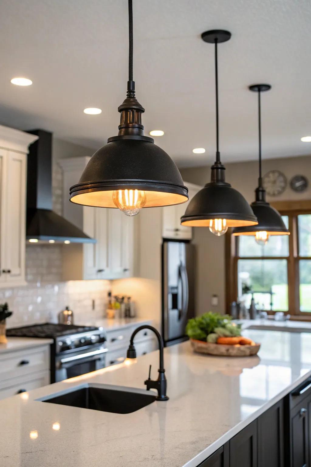 Illuminate your kitchen island with strategic black lighting.