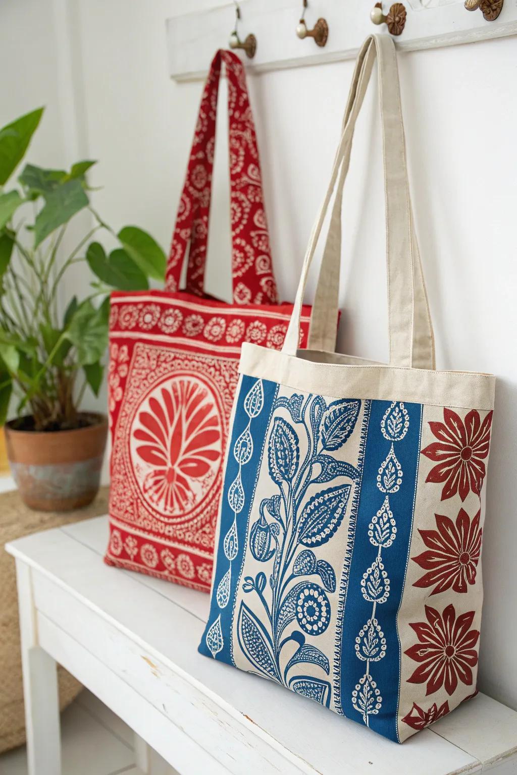 Elevate your beach style with bold block print patterns in vibrant reds and blues, where craftsmanship meets minimalistic beauty.
