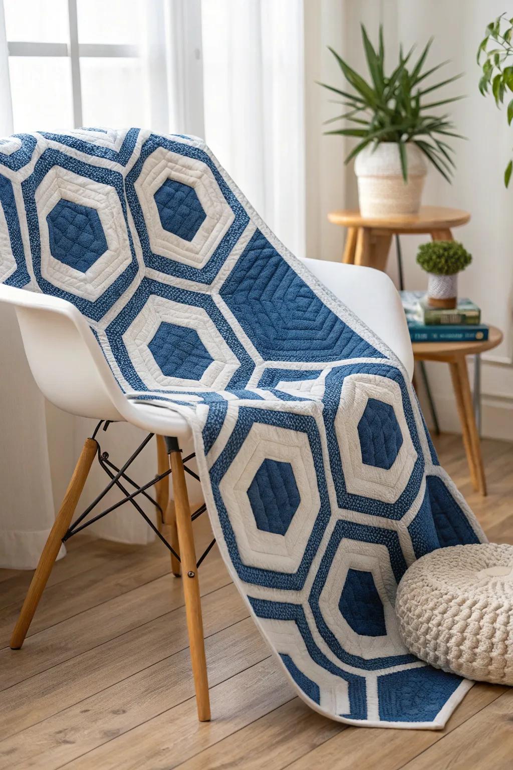 Discover the magic of modern geometric quilts with bold blue and white patterns.