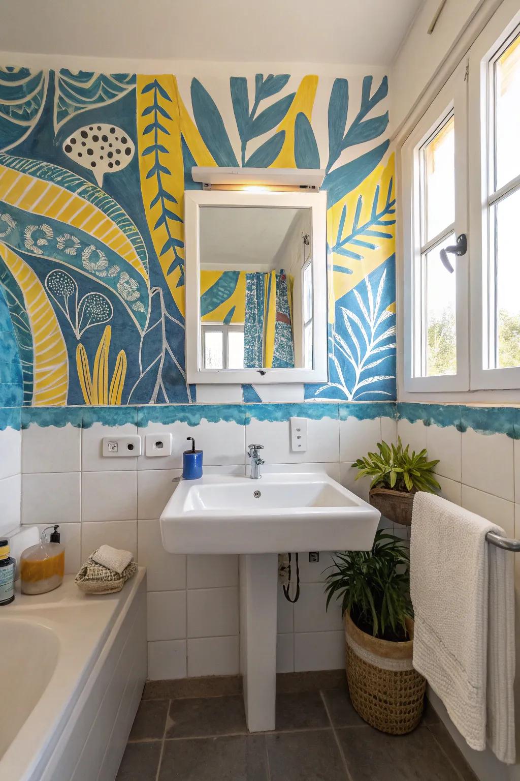 Abstract wall art adds a personal touch to a blue and yellow bathroom.