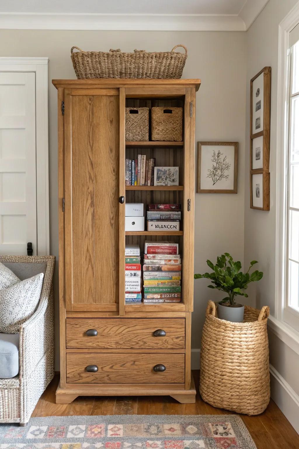 Transform your old armoire into a chic board game haven with minimalist charm and Boho flair.
