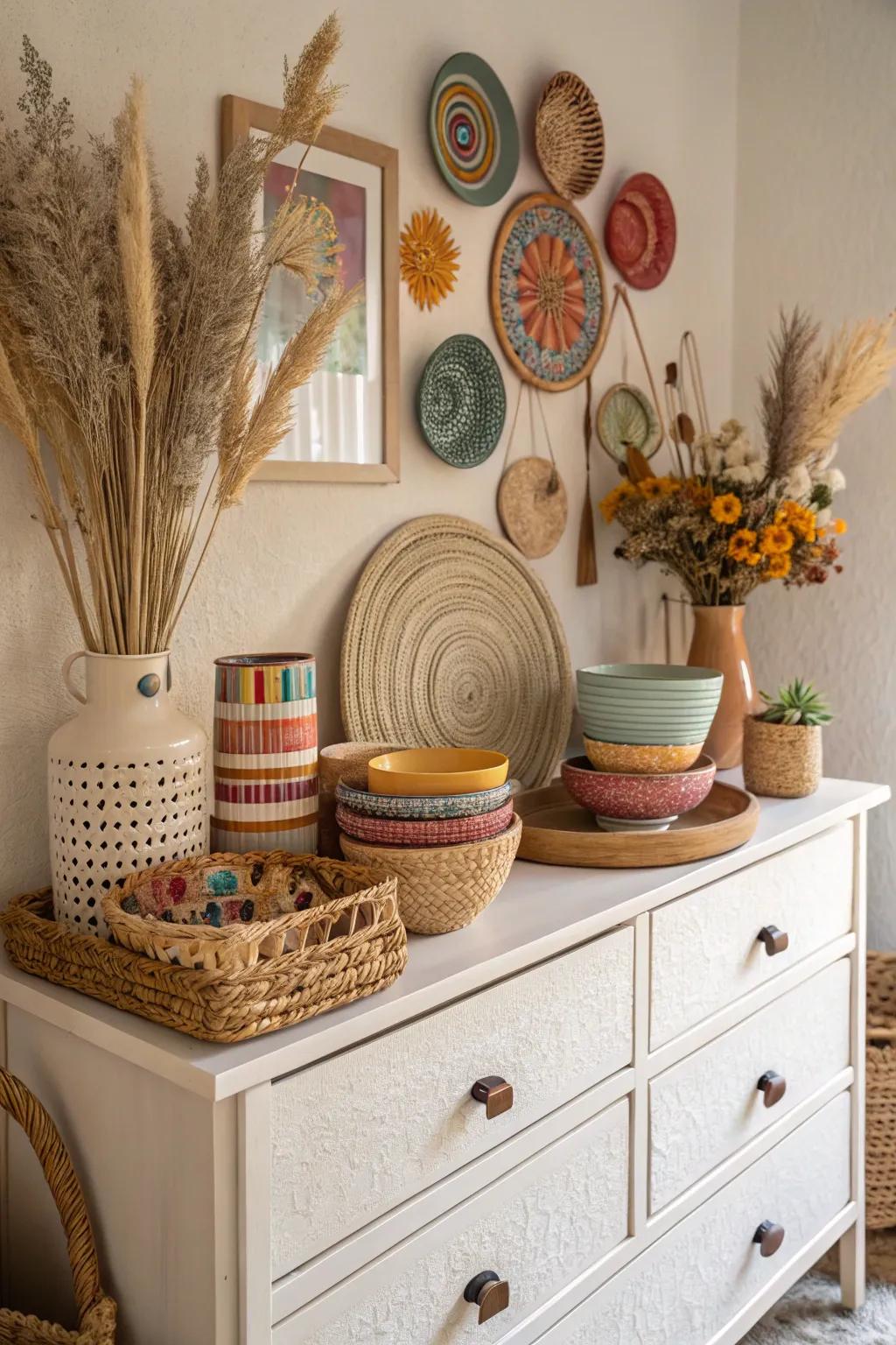 Handcrafted ceramics add a personal touch to this boho dresser.