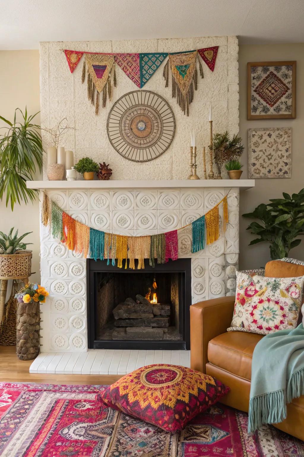 An eclectic bohemian-style fireplace, featuring tapestries and woven wall art.
