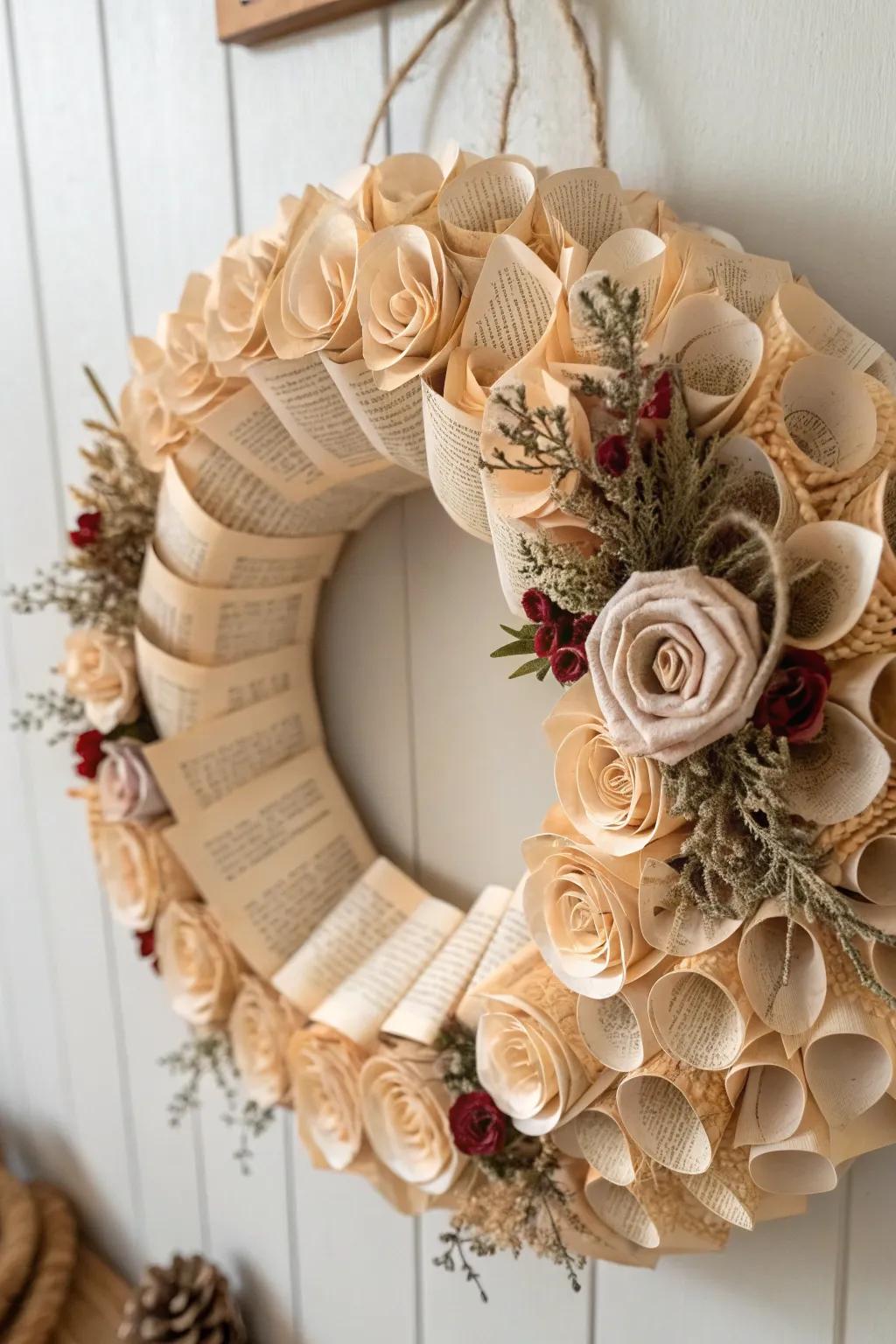 Transform the pages of a vintage book into a stunning book page wreath, perfect for adding a touch of elegance to any room.