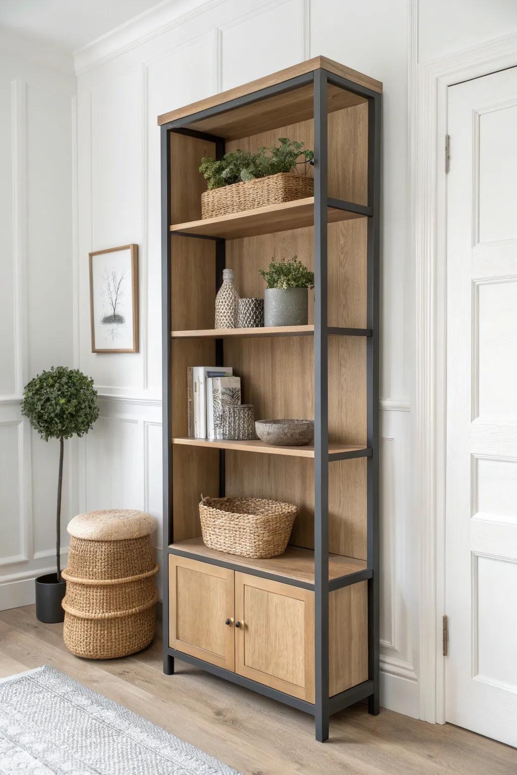 Elevate your space with bold contrasts: a minimalist bookcase with striking trim colors.