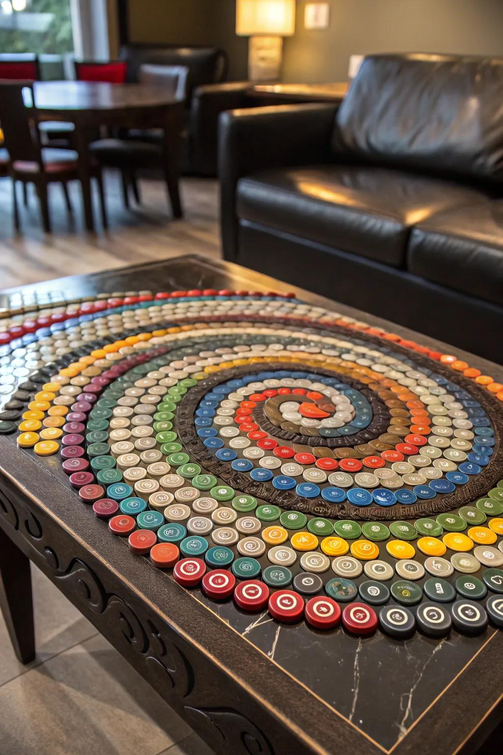 Dynamic spiral of bottle caps: A bold centerpiece for the modern space.