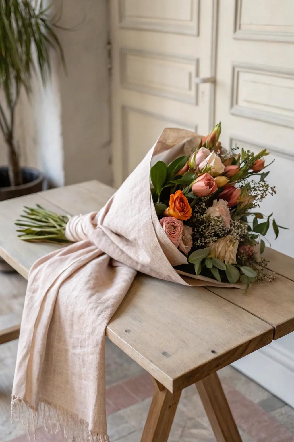 Wrap your blooms in soft elegance with fabric scraps for a touch of luxury and simplicity. 🌿✨ #ScandiBoho #FloralCraft