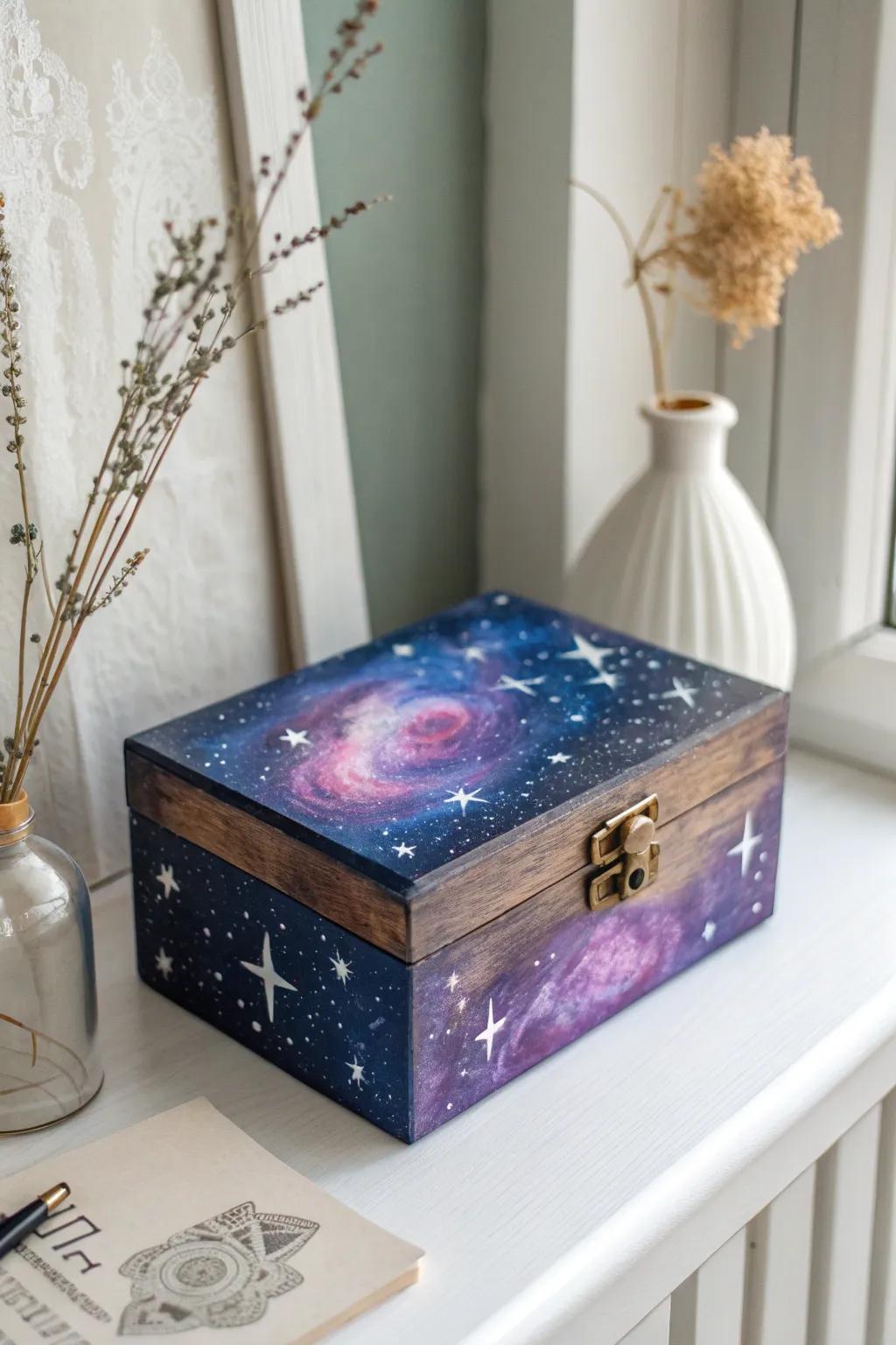 Transform your space with a touch of the universe: a handcrafted galaxy-themed box that captures the beauty of the cosmos.