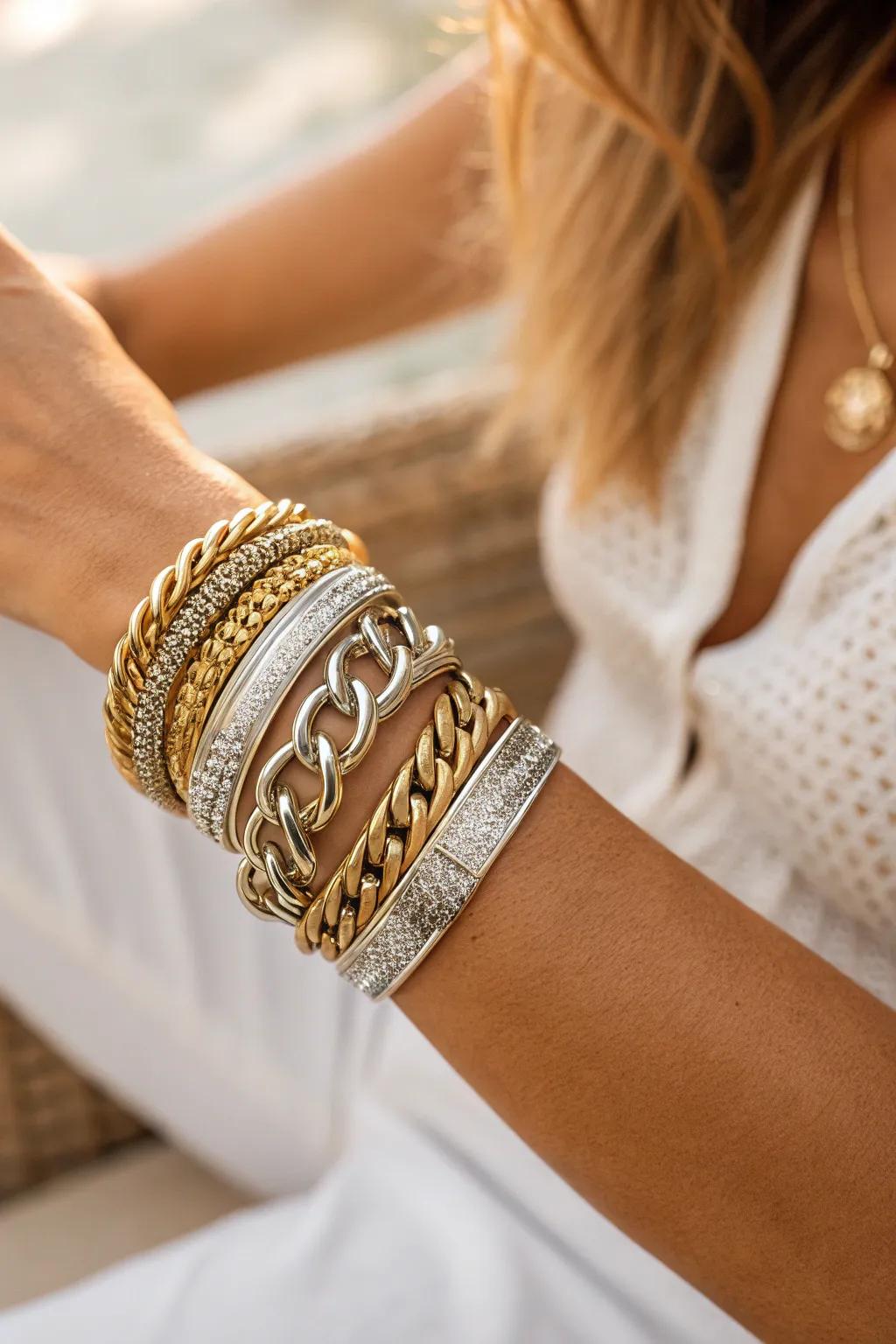 Elevate your style with bold, beautiful bangle layering for an unforgettable evening look.