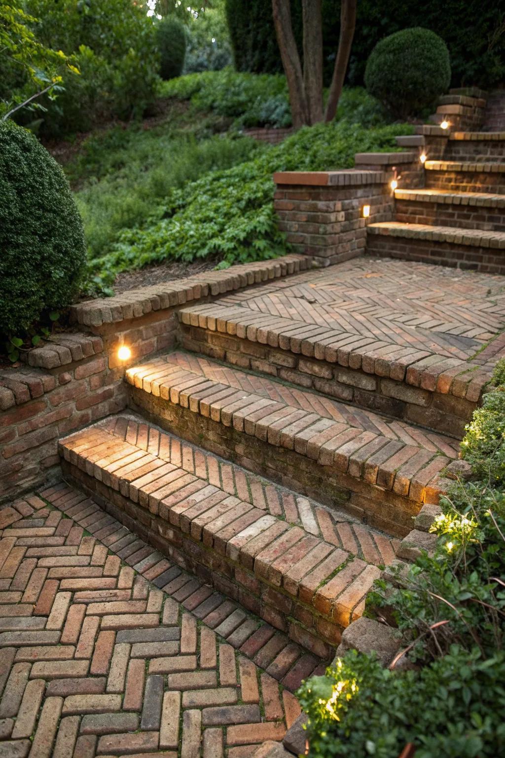 Elevate your garden with the timeless charm and modern flair of herringbone brick steps.