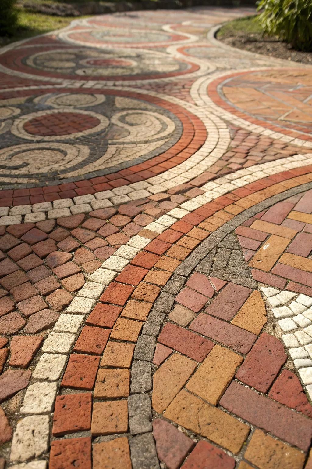 Step onto a masterpiece with mosaic-style brick paths – where every stride is a dance of creativity!