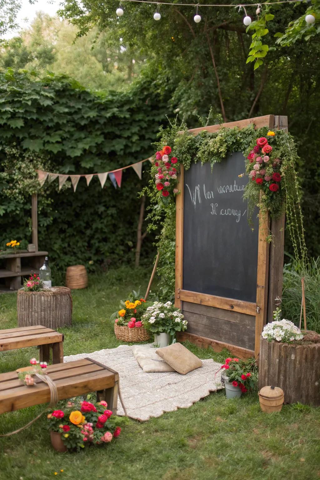 An outdoor chalkboard setup brings a touch of nature to your bridal shower.
