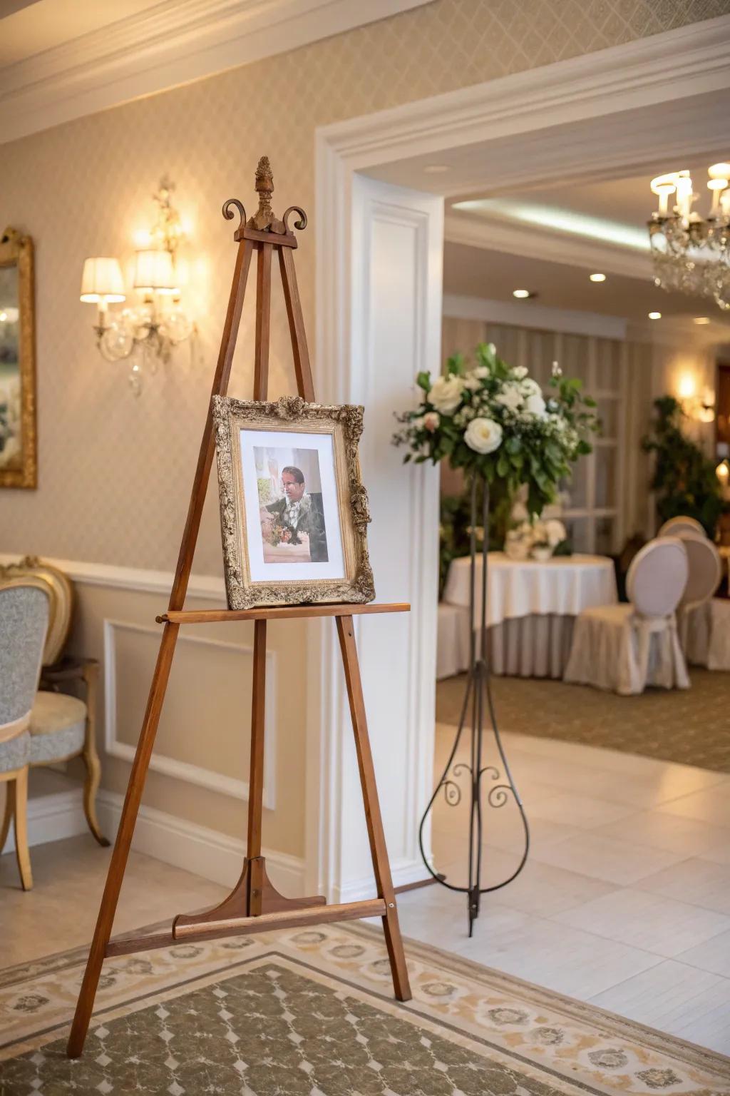 Elegant easel display with framed photos.
