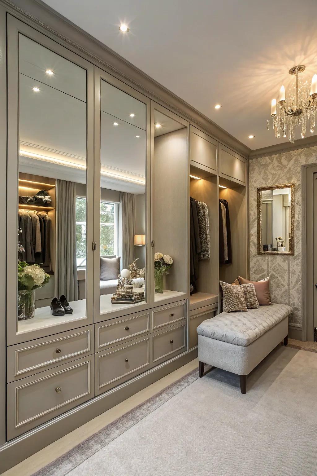 A wardrobe that combines seating and mirrors for a luxurious dressing experience.