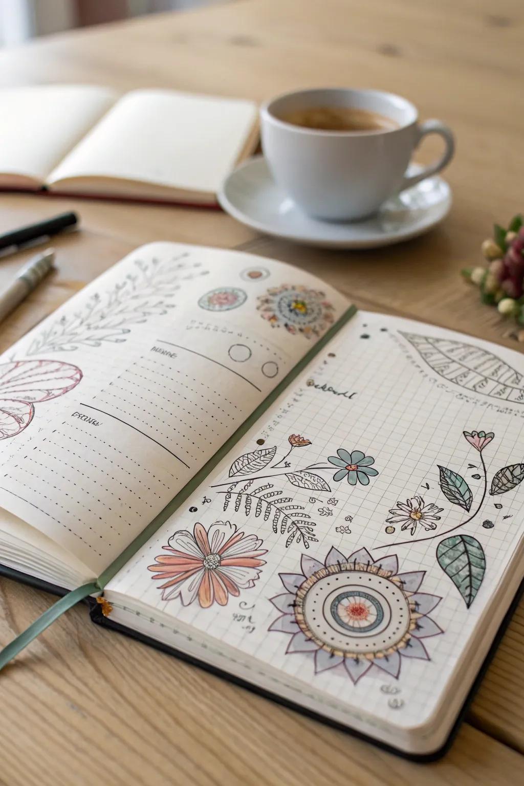 Infuse your bullet journal with artistic flair and start your day with creativity and calm. ✨ #BulletJournal #ArtisticDoodles #ScandiBoho