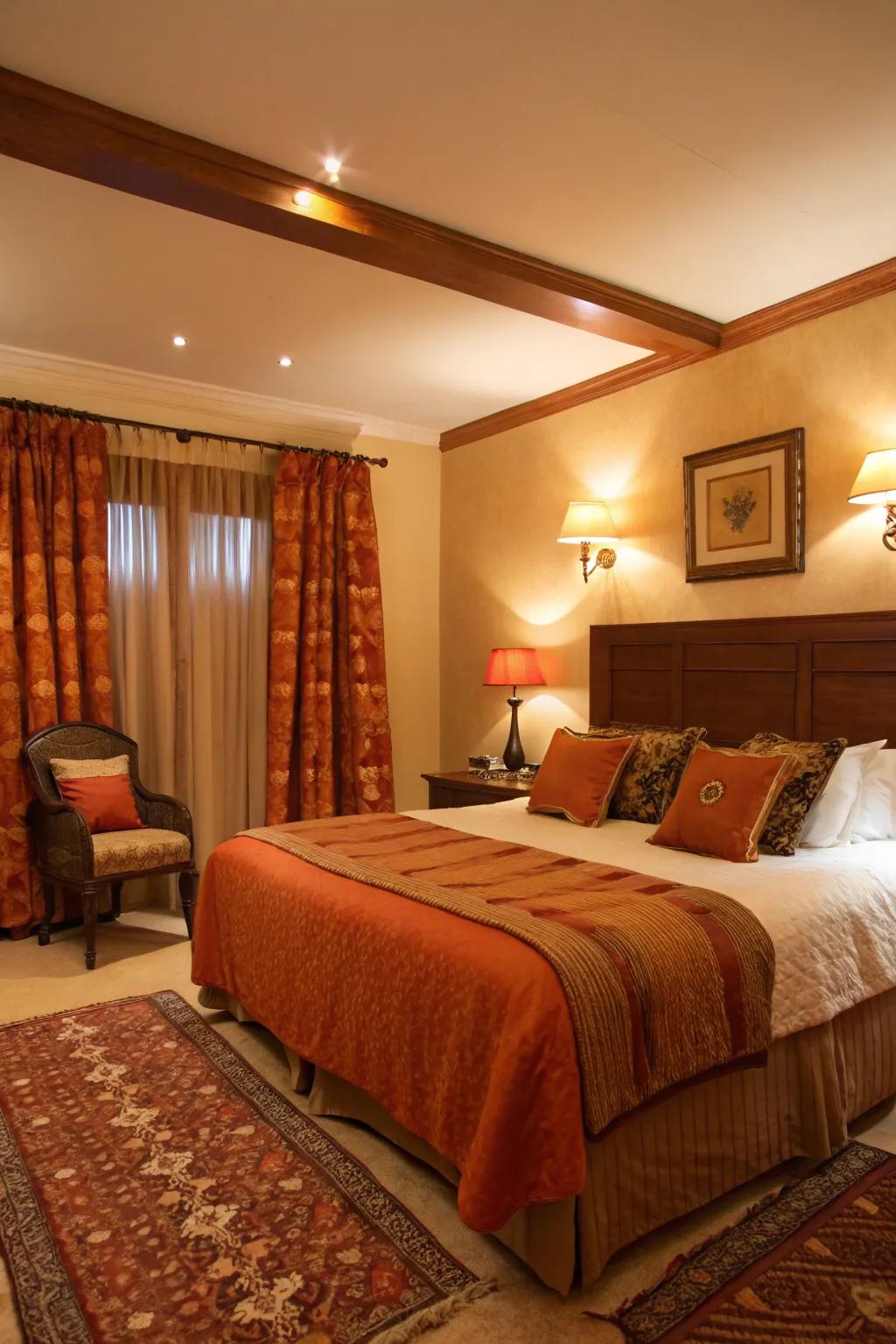 Warm lighting enhances the cozy atmosphere of the bedroom.
