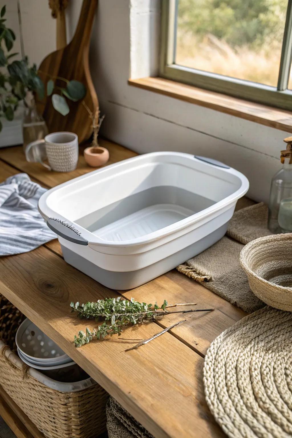 Effortlessly blend functionality and style with this chic collapsible dish tub—your perfect camp kitchen companion.