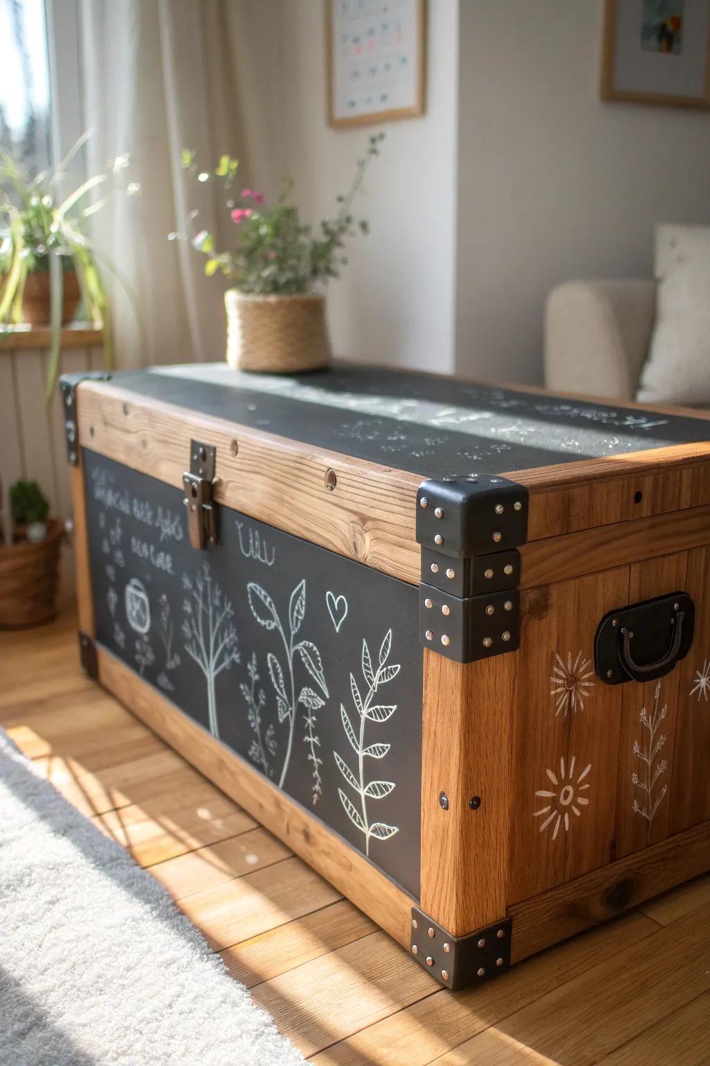 Transform your camp trunk into an interactive masterpiece with a touch of chalkboard magic!