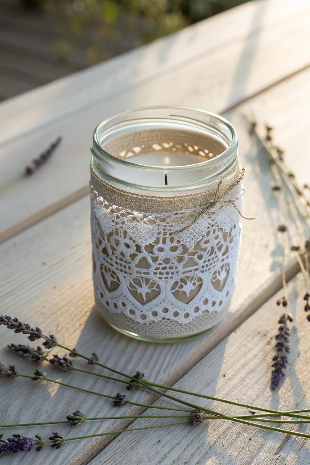 Transform your candle jars into vintage-inspired decor with a chic lace overlay for a touch of elegance and romance.