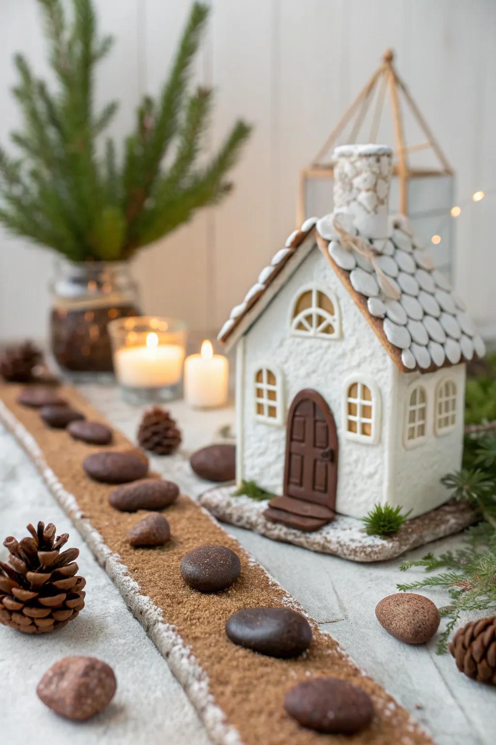 Step into a whimsical woodland retreat with this charming gingerbread cottage, where simplicity meets sweet craftsmanship.