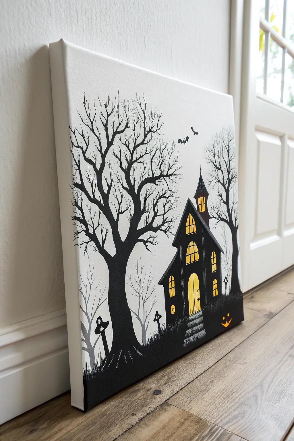 Embrace the spirit of Halloween with minimalist elegance: a haunted house painting that whispers ghostly tales.