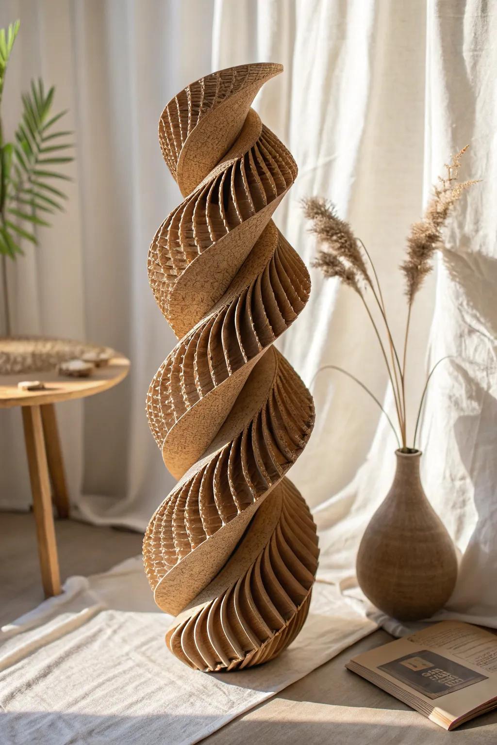 Embrace the art of simplicity with this stunning cardboard spiral sculpture, a perfect blend of minimalism and boho elegance.