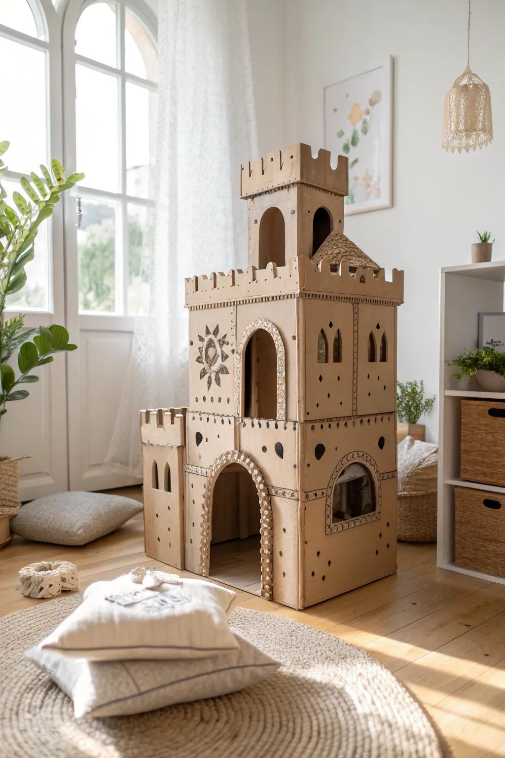 Transform old boxes into a charming cardboard castle for your feline friend, blending eco-friendly creativity with minimalist elegance.