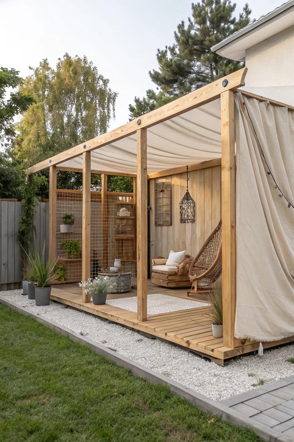 Elevate your catio with a simple yet stylish tarp cover, merging practicality with minimalist elegance.