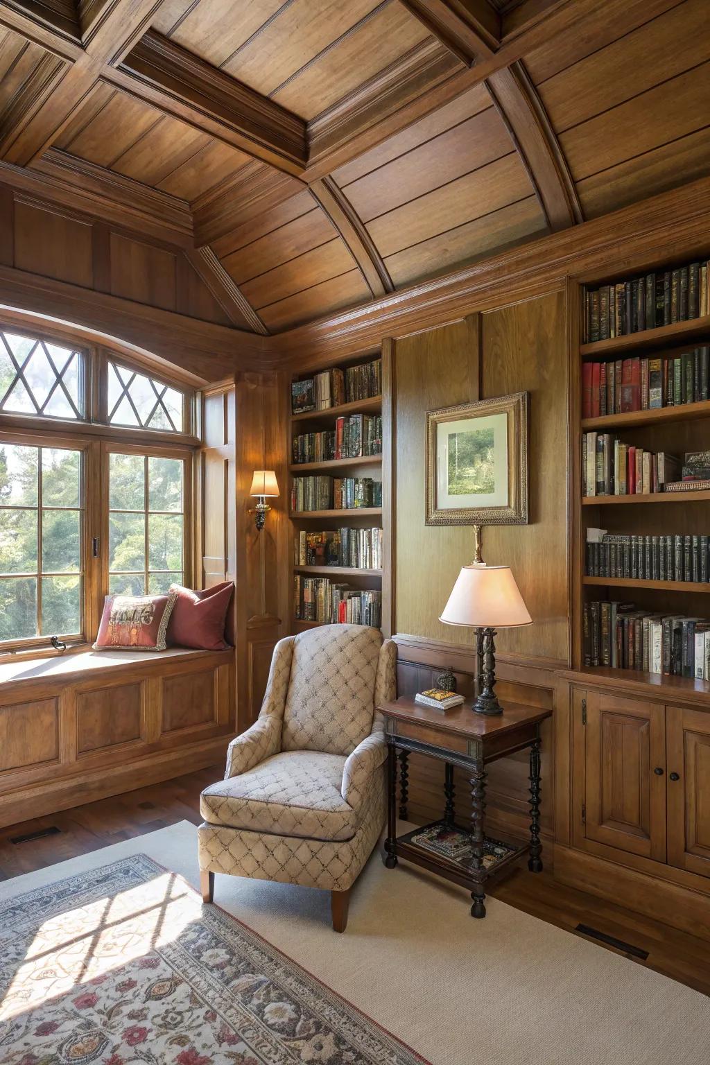 Wood paneling adds warmth and character to study rooms or libraries.