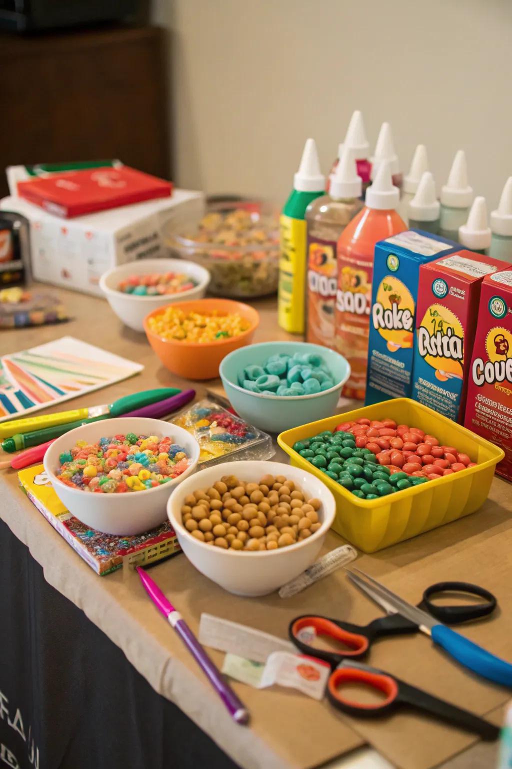 A table with art supplies and various cereals for creating cereal art.