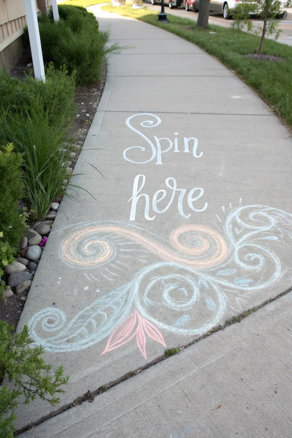 Add a whimsical twist to your playtime with this charming 'Spin Here' chalk design, perfect for little twirlers and lovers of minimalist beauty.