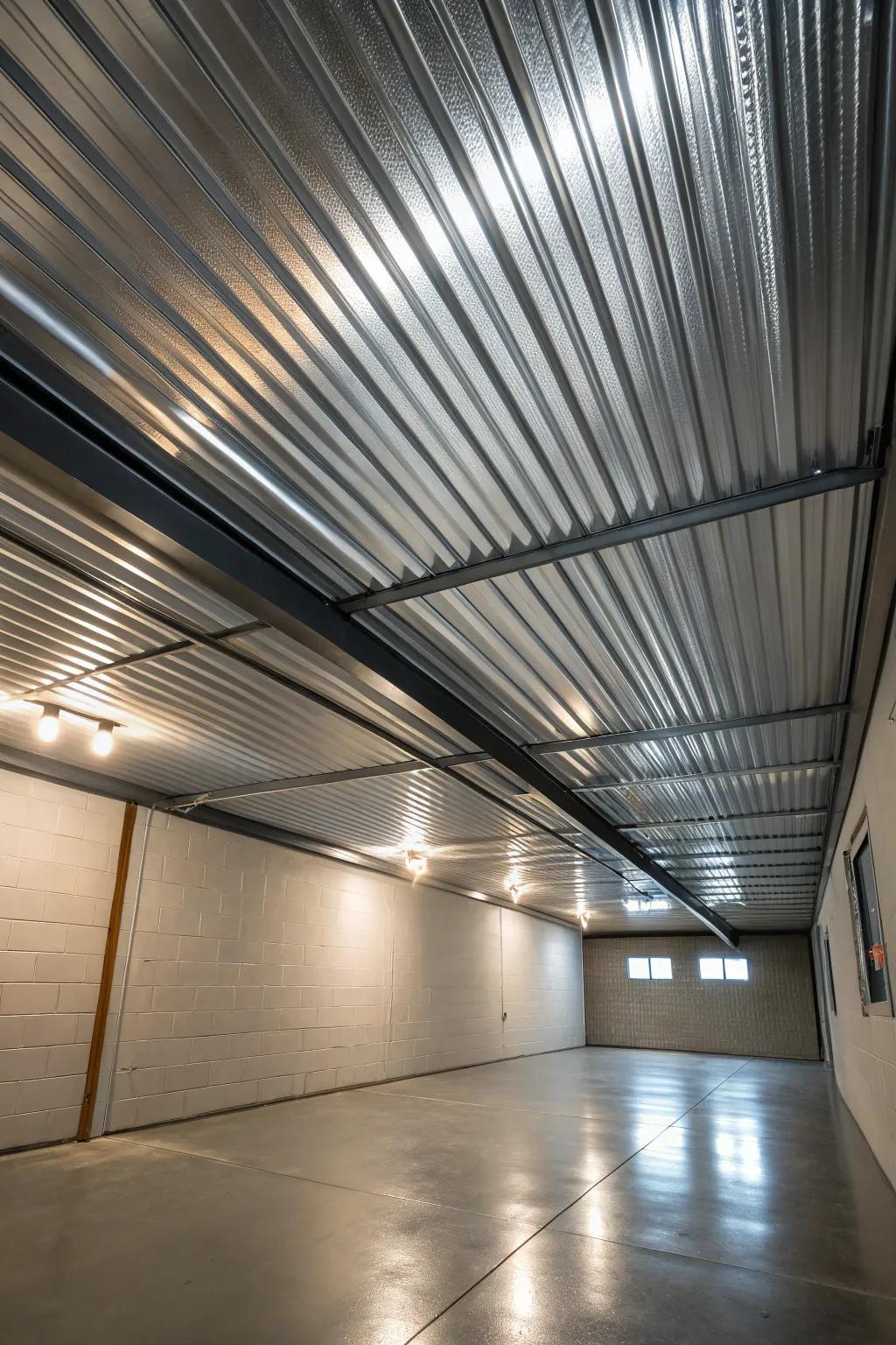 Transform your basement with industrial elegance using corrugated metal panels for a brighter, spacious look.