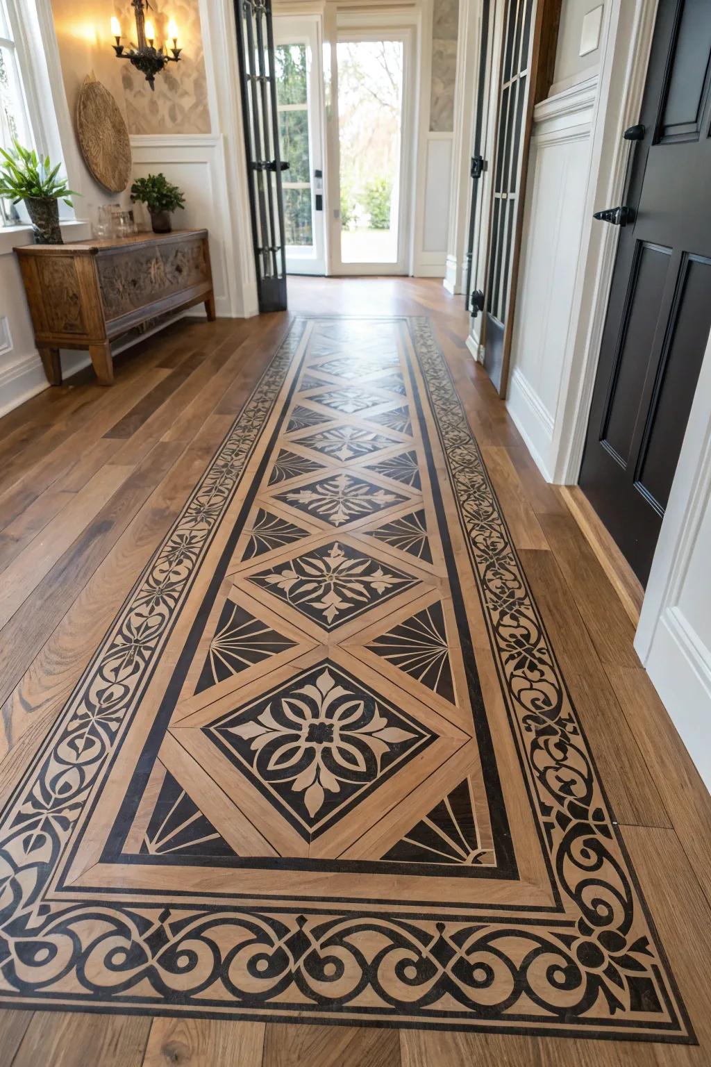 Transform your entryway with stenciled wooden floors that speak volumes of style and creativity.
