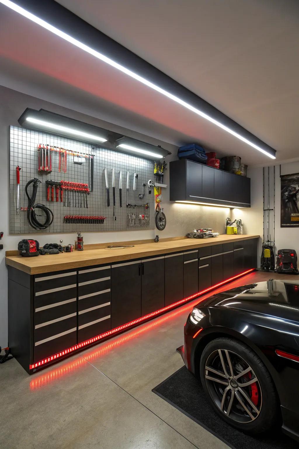 Elevate your garage game with striking DIY showroom lighting that turns any workspace into a masterpiece.