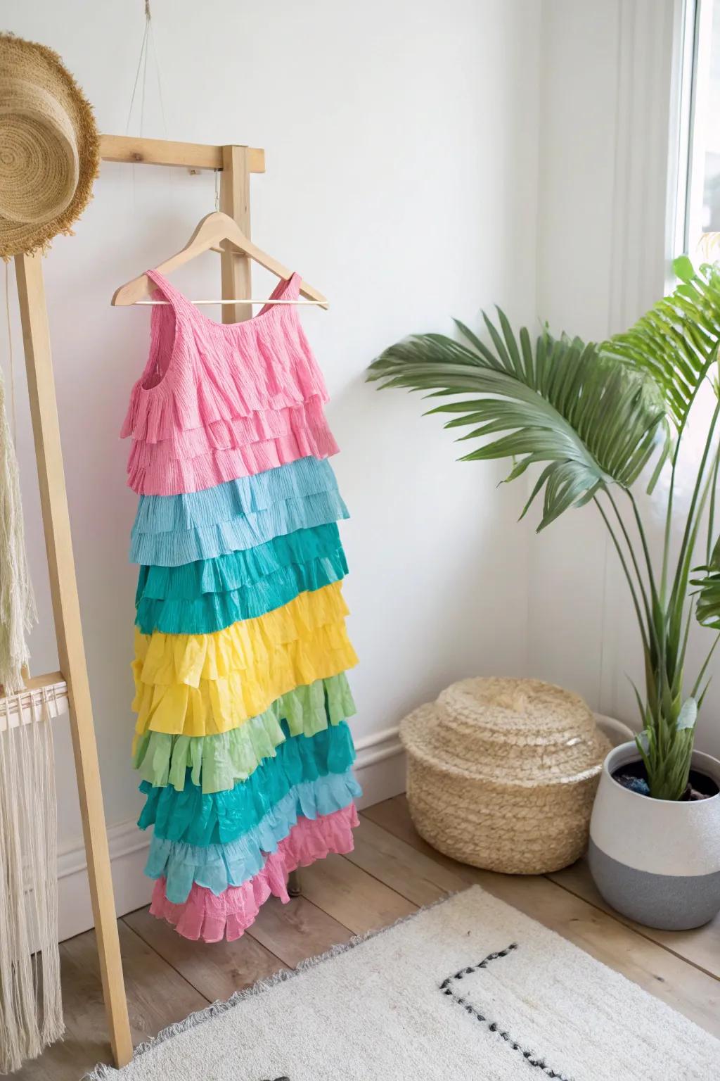 Transform into a vibrant piñata with this DIY costume, blending playful colors with minimalist style.