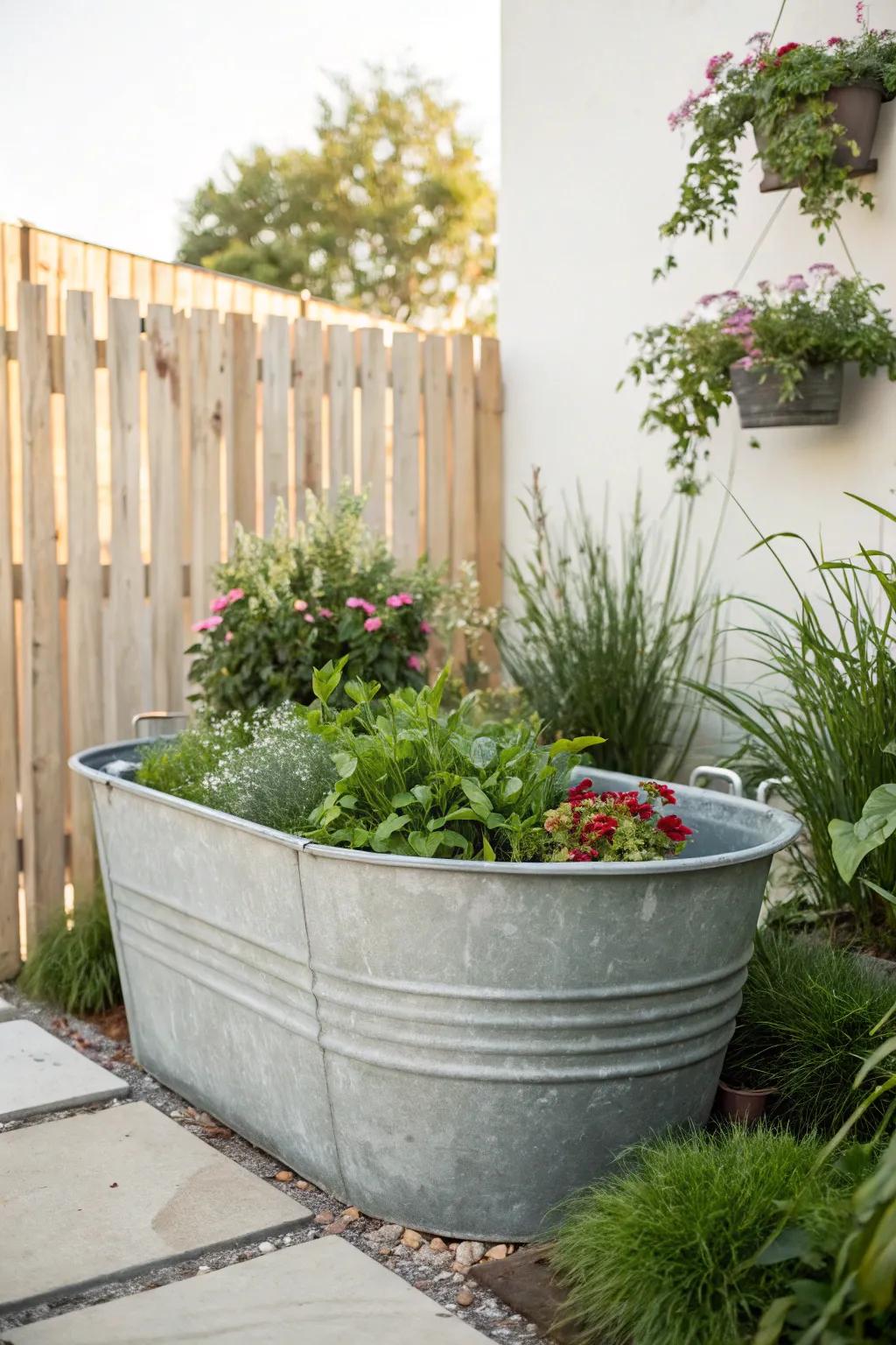 Elevate your garden with chic galvanized tubs - where industrial meets natural beauty.