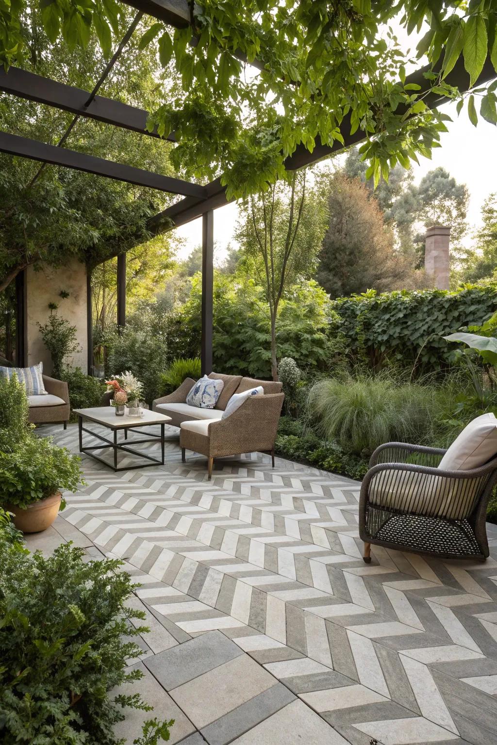 Chevron tiles create a harmonious flow between indoor and outdoor living areas on this patio.