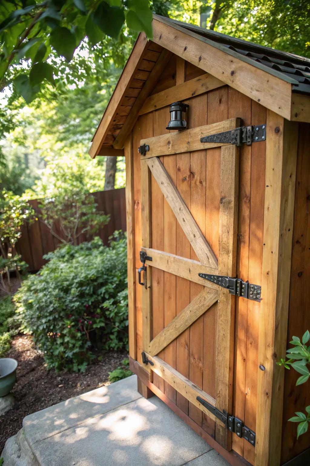 Embrace sustainability with a rustic wooden chicken coop door made from eco-friendly materials.