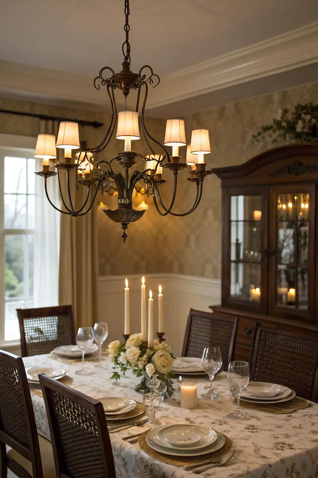 Candles on a chandelier offer a warm and inviting atmosphere.