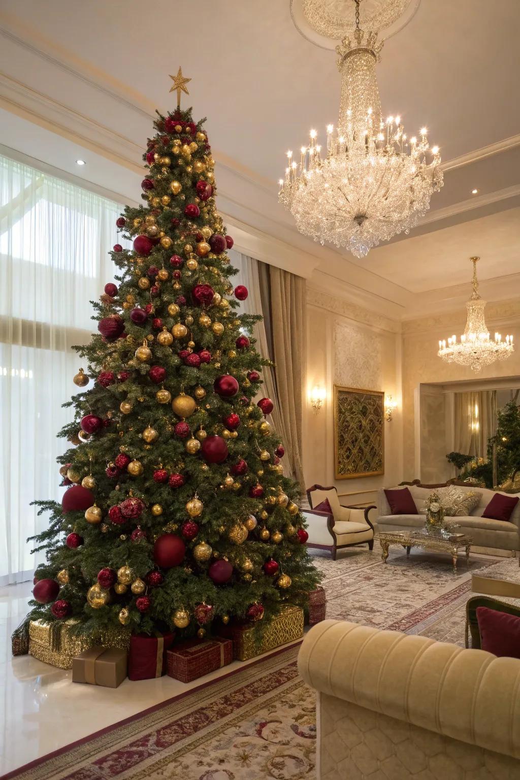 Burgundy and gold create a rich, luxurious Christmas setting.